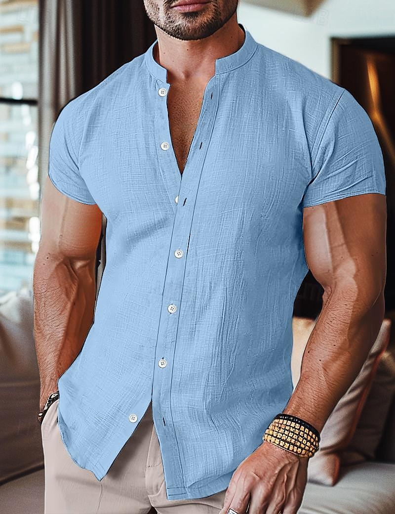 Per uomo Camicia camicia di lino Camicia con colletto a fascia Camicia estiva Abbigliamento mare Camicia hawaiana Tinta unica Strada Giornaliero Nero Bianco Blu Arancione Manica corta A fascia del 2026 a $8.49 –P12