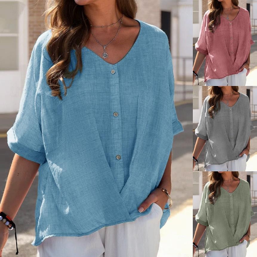 Femmes Chemise Chemisier Chemises en coton et lin Uni Occasionnel Manche Courte Col en V Hauts Réguliers Quotidien Boutons Rose Claire Bleu Violet Vert Kaki Été de 2025 ? $23.99 –P1