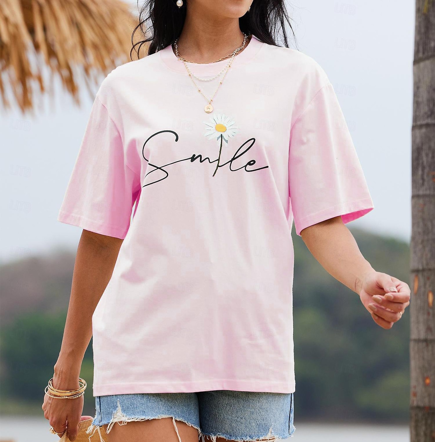Women's T Shirt Daisy Basic Short Sleeve Round Neck Regular Tops Casual Weekend Print Black White Yellow Pink Navy Blue 2025 - $27.99 –P16