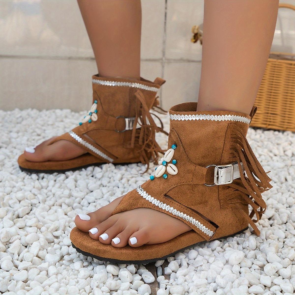 Damen-Sandalen mit Quaste, trendige flache Sandalen im Boho-Stil, offene Zehenpartie mit Schnallenriemen, römische Strandschuhe, Khaki, Braun, Schwarz 2025 - $24.99 –P9