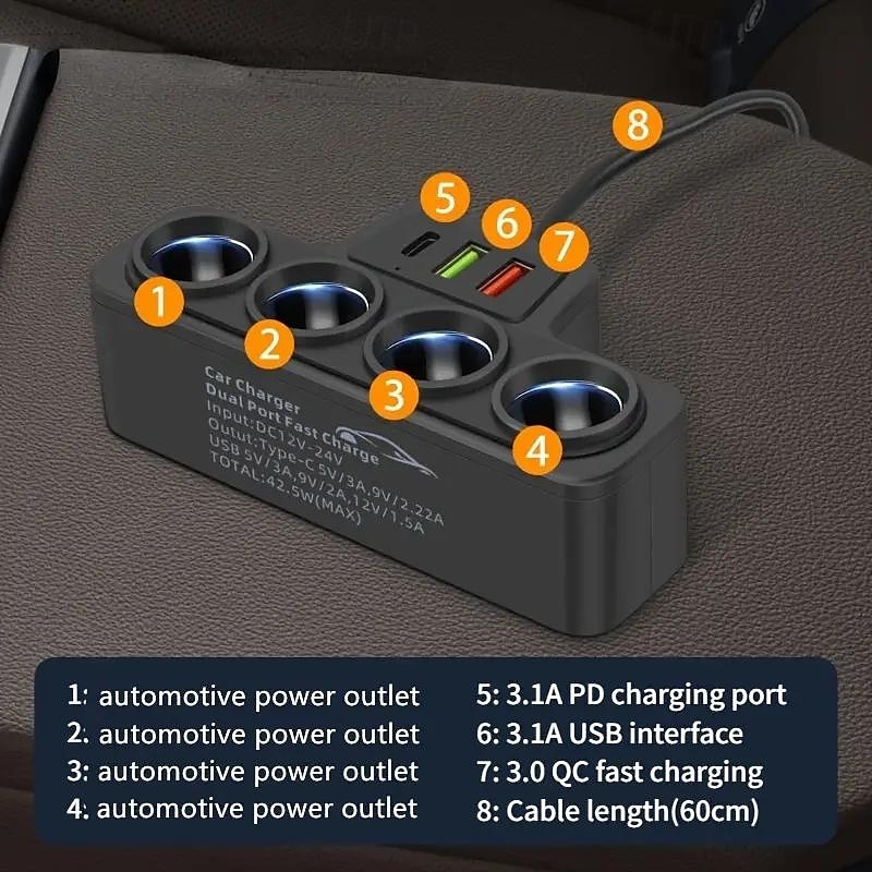 Автомобильный один буксирный четыре интеллектуальных прикуривателя qc3.0pd30w автомобильное многофункциональное быстрое зарядное устройство для мобильного телефона 2025 - $20.99 –P3
