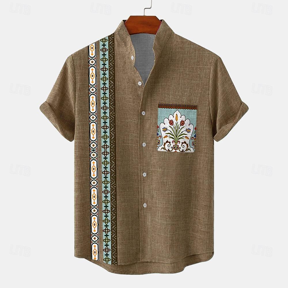 Miesten Paita Button Up paita Lyhythihainen Vintage Vapaa-aika Viidakko Loma Päivittäin Kesä Kevät Nauhakaulus isoisän kaulus Painettu Apila Khaki Beesi 2025 - $24.99 –P2