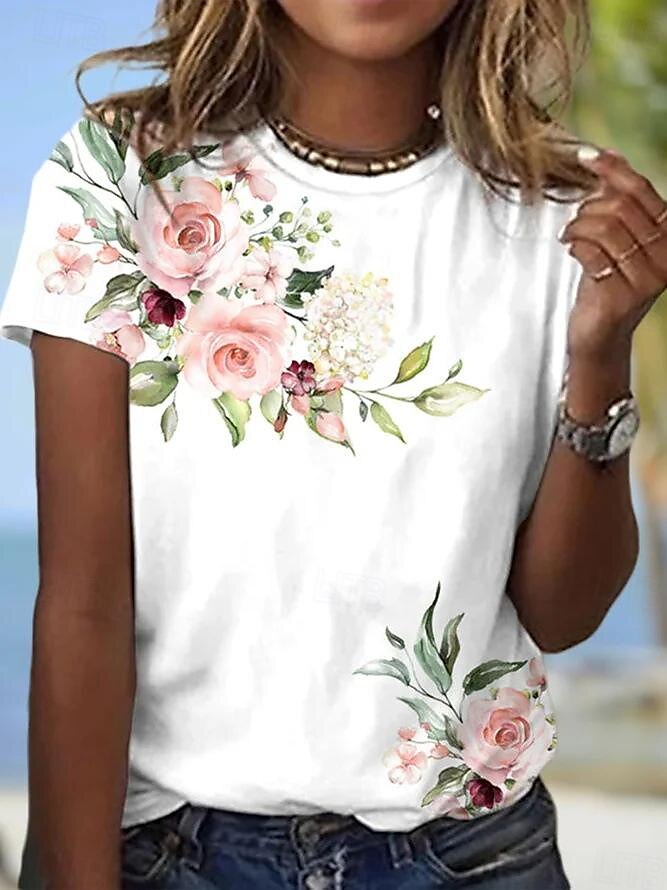 Women's T Shirt Floral Fashion Short Sleeve Round Neck Regular Tops Vacation Weekend Print Pink Blue Gray Light Blue Summer 2025 - $15.99 –P4
