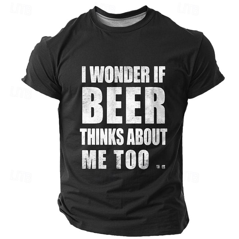 2025年 男性用 "ビールも私のことを考えているのかな" おもしろグラフィックTシャツ | ビール好きショートスリーブTシャツ  コレクション – $17.99 –P4