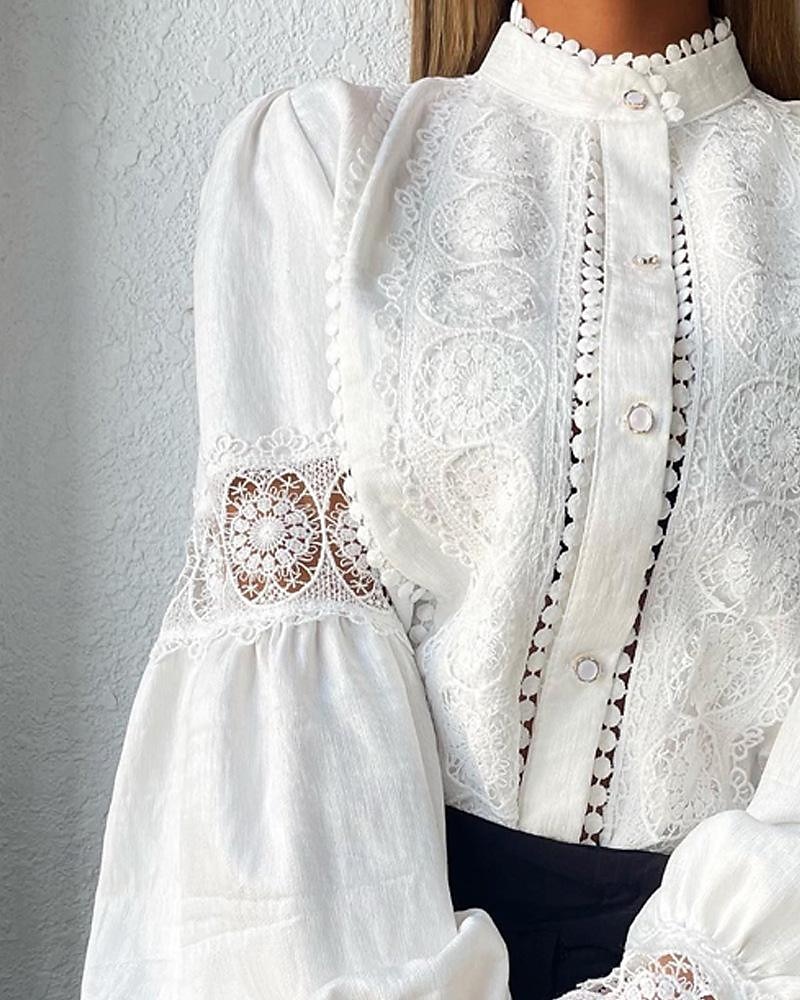 Overhemd Blouse Dames Wit Effen Kant nappi Straat Dagelijks Modieus Normale pasvorm Lantaarn mouw S 2025 - $52.99 –P3