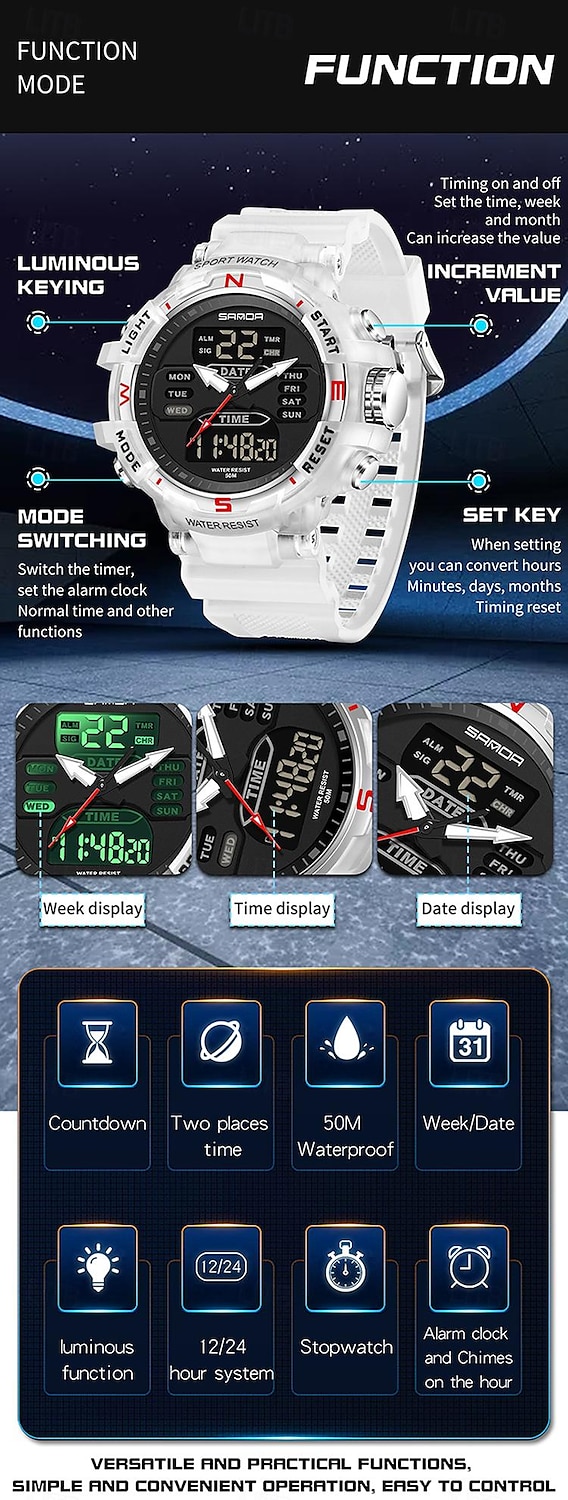 SANDA Heren Digitale Horloge Buiten Sports Mode Polshorloge Luminous Stopwatch Alarmklok Countdown TPU Horloge 2025 - $28.99 –P11