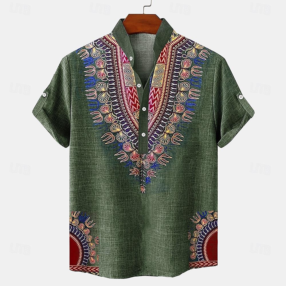 Homme Chemise Lin Chemise Henley Shirt chemises rétro Chemise Vintage Chemise ethnique Ethnique Vacances du quotidien Bleu Vert Manche Courte Col Mao Eté Printemps Vêtement Tenue Imprimer de 2025 ? $27.99 –P4