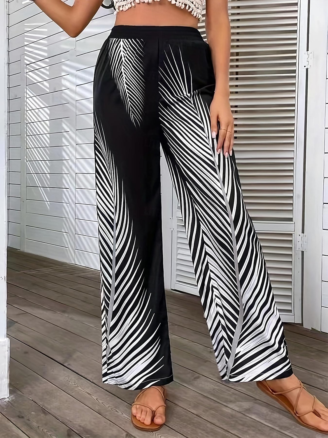 Damen Breites Bein Hosen Hose Casual Lang Blatt Weite Hosen Bedruckt Atmungsaktivität Komfortabel Unelastisch Ausgehen Wochenende Schwarz Weiß Khaki Frühling Sommer Regular Fit 2025 - $22.99 –P4
