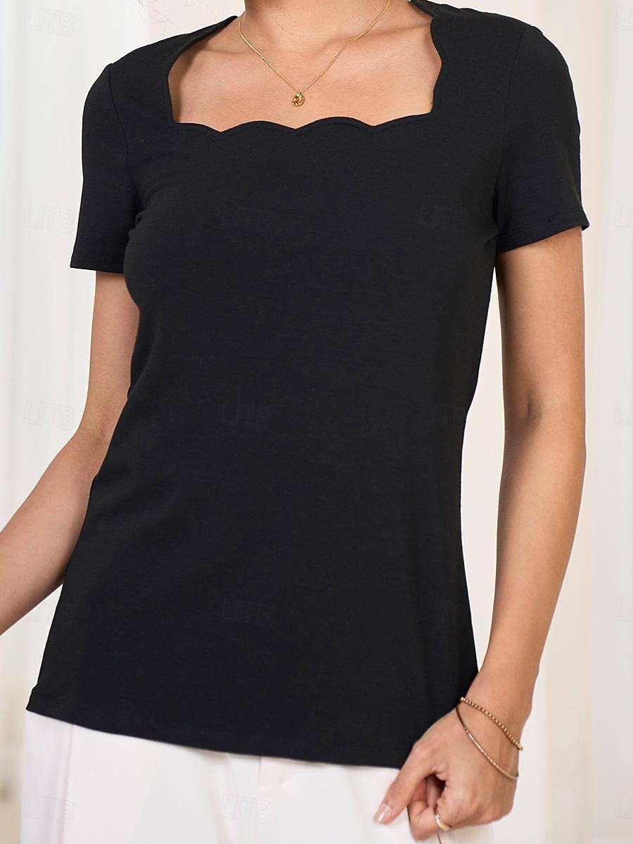 T-shirt à encolure festonnée pour femme, manches courtes, couleur unie, coupe slim, extensible, décontracté, mode, noir de 2025 ? $27.99 –P8