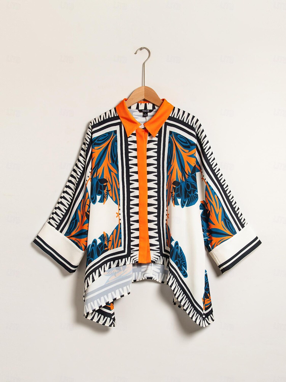 Dames Satijnen zijden overhemd Plaid / Gestreept / Chevron Bloem / Planten Alledaagse kleding Magyaarse mouw Zwart Kleurenblok Opdrukken meetkundig 3/4-Lengte Mouw Modern eigentijds Overhemdkraag 2025 - GBP £65 –P8