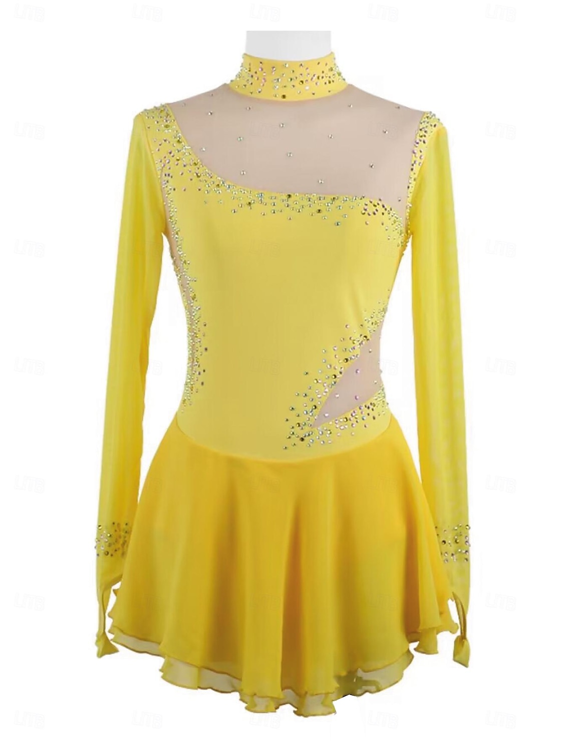 Figure Skating Dress Women's Girls' Ice Skating Dress Yellow Patchwork Thumbhole Mesh Spandex Stretchy Training Practice Professional Skating Wear Thermal Warm Crystal / Rhinestone Long Sleeve Ice 2025 - $158.99 –P1