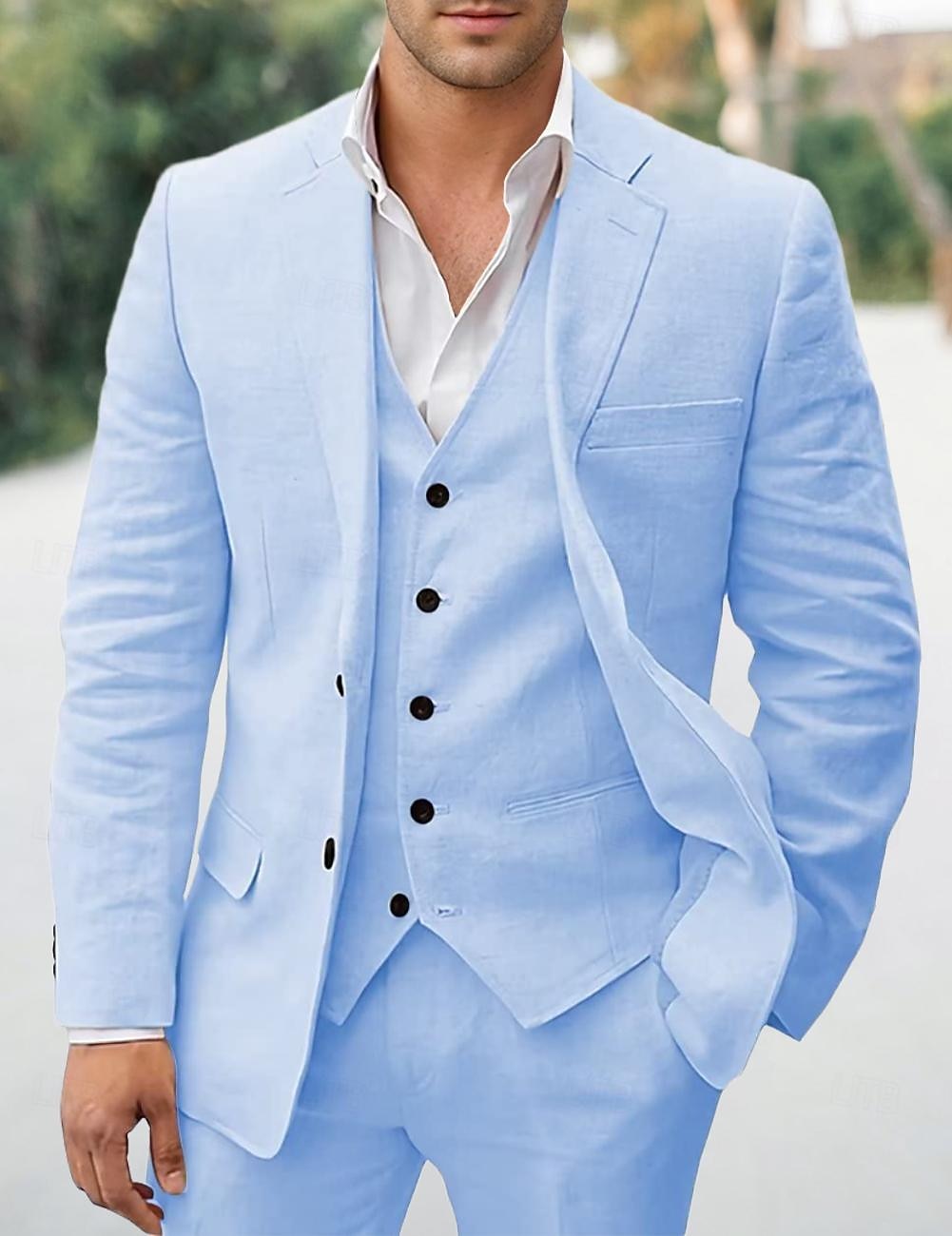 Trajes de Casamento Masculinos Linho Branco Azul Céu Verão Cores Sólidas Ajuste Sob Medida 3 Peças Com Duas Fileiras de Botões de 2025 por $139.99 –P1