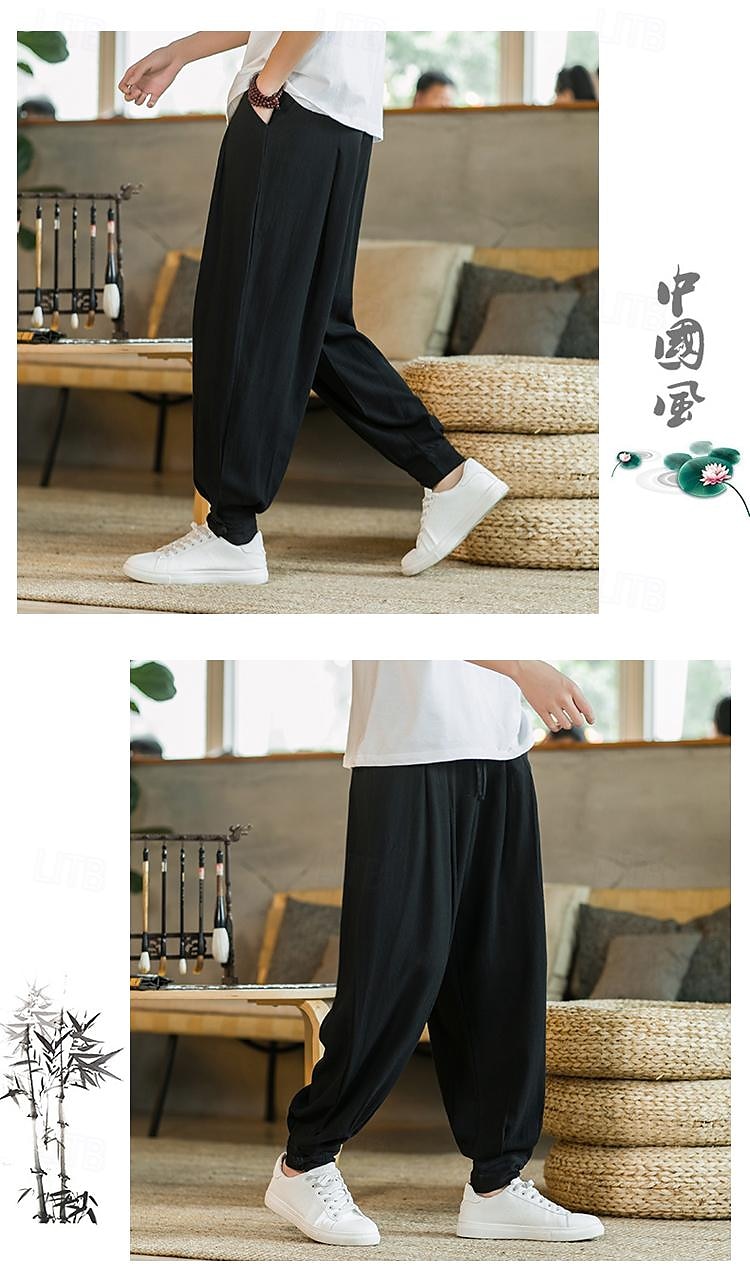 Homens Calças de linho Calça verão Calça casual Bolsos Côr Sólida Respirável Comprimento total Esportes Relaxantes Casual Ajuste Largo Preto Azul Profundo Sem Elasticidade de 2025 por $31.99 –P13