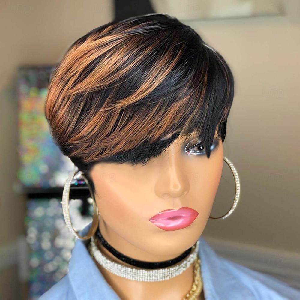 perucas onduladas em camadas pixie pretas com marrom f1b / 30 cores perucas curtas encaracoladas sem cola peruca de corte pixie cabelo humano perucas curtas de cabelo humano para mulheres negras de 2025 por $47.99 –P3