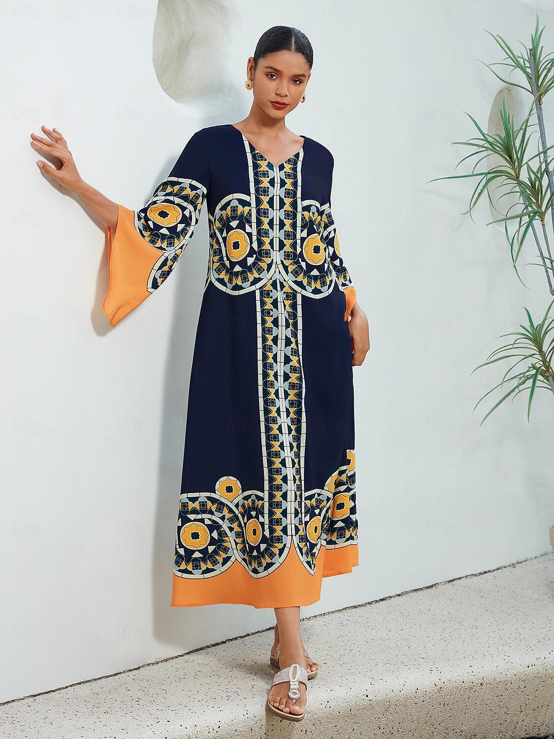 Dame Resort Wear Maxikjole Navyblå 3/4 ermer Folk Printer Vår sommer V-hals Fritid Strandferie XS S M 2025 - $124.99 –P5