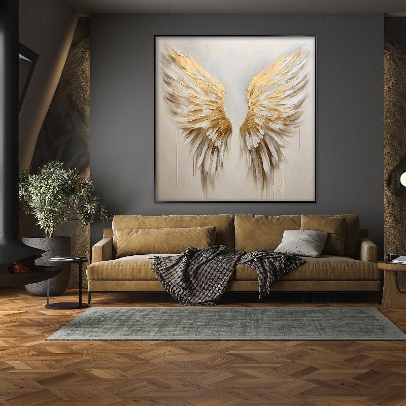 peinture d'aile d'or 100% faite à la main or et blanc ailes d'ange peinture à l'huile peinture de plume texturée à la main acrylique peinture à l'huile abstraite décoration murale salon œuvre d'art de 2025 ? $92.99 –P1