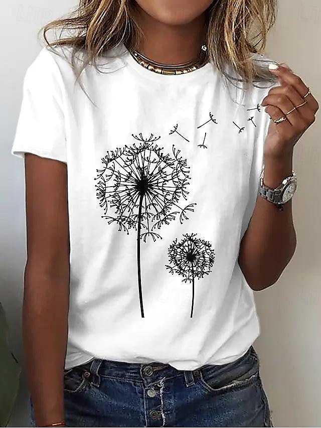 Women's Casual T-Shirt Dandelion Print Crew Neck White Short Sleeve Summer Wear Comfort Fit Daily Essential 2025 - $21.99 –P2
