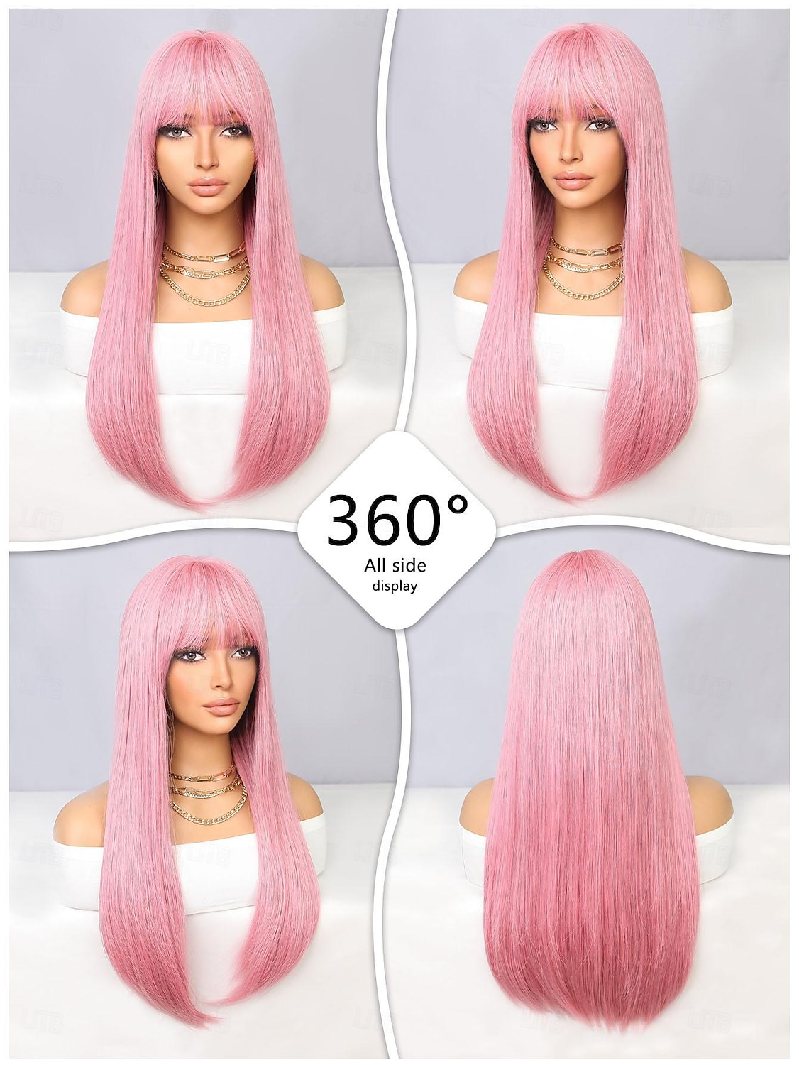 Synthetic Wig Natural Straight Neat Bang Wig 24 inch Pink+Red