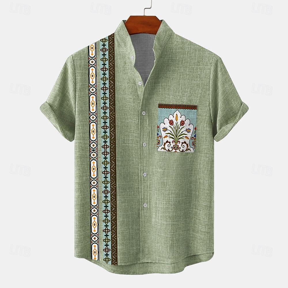 Miesten Paita Button Up paita Lyhythihainen Vintage Vapaa-aika Viidakko Loma Päivittäin Kesä Kevät Nauhakaulus isoisän kaulus Painettu Apila Khaki Beesi 2025 - $24.99 –P1