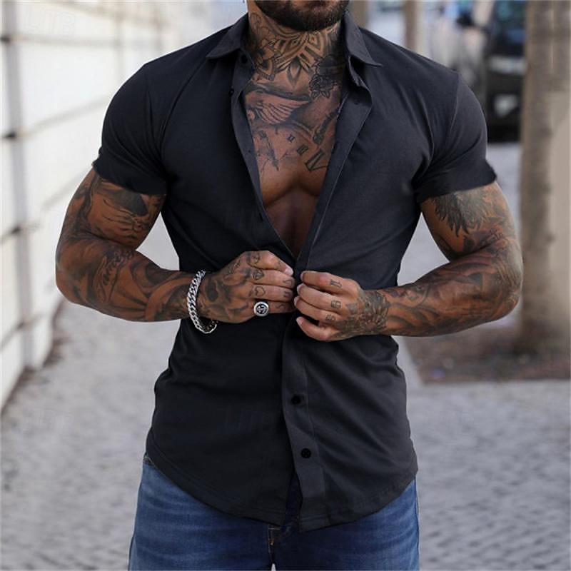 Hombre Camisa Camisa de verano Abotonar la camisa gris azul Negro Blanco Amarillo Rosa Manga Corta Letra Cuello Vuelto Calle Casual Abotonar Ropa Moda Casual Cómodo 2025 - $21.99 -P5