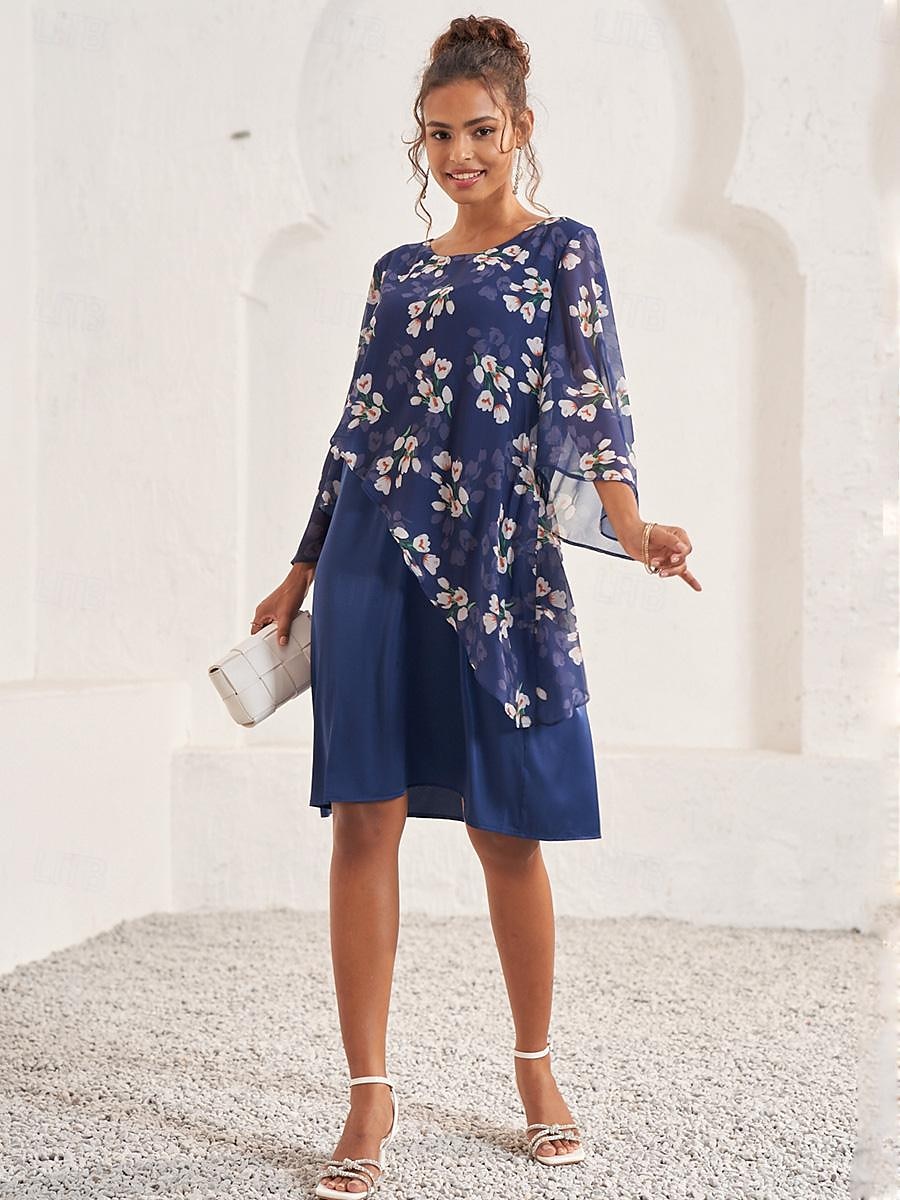 Damen Hochzeitsgastkleid A-Linien-Kleid elegantes geblümtes Midikleid Chiffon ausgestellte Ärmel Rundhalsausschnitt Patchwork normale Passform Hochzeitsgast Cocktailparty blau Sommer 2025 - $12.99 –P3