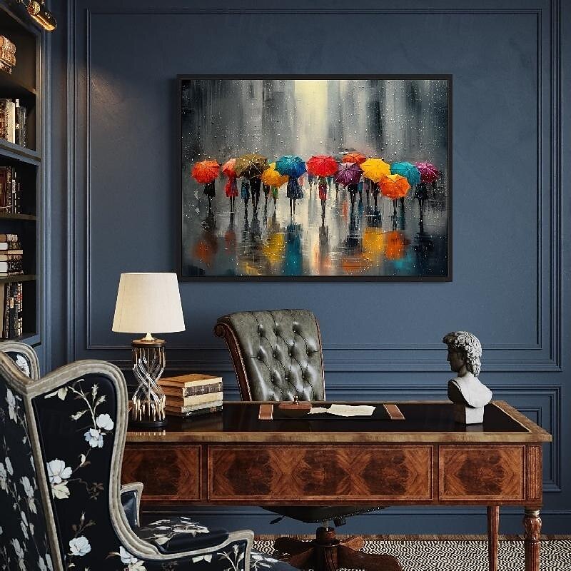 handgemalte Menschen mit Regenschirmen in einer regnerischen Stadt, handgemachte Wandkunst, abstraktes graues Farbspritzer-Gemälde, Leinwandgemälde, modernes Landschaftsgemälde für Wohnzimmerdekor, 2025 - $125.99 –P12