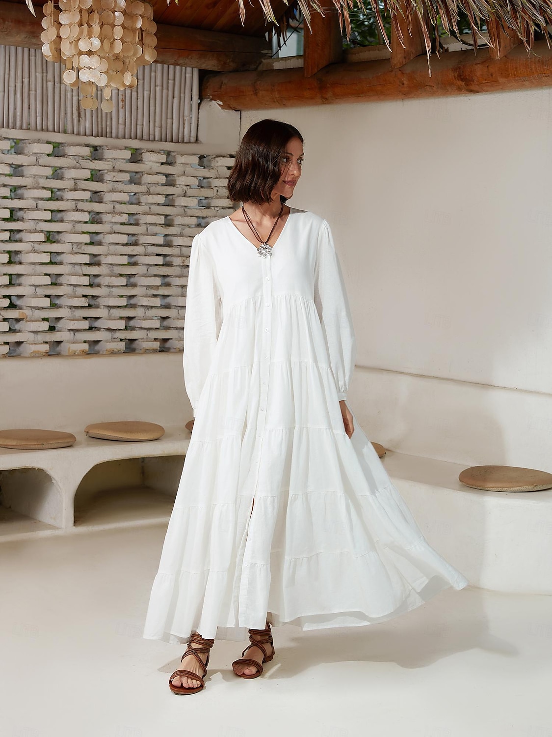 Damen Lockeres Kleid Resort-Kleidung Weiß Langarm Solide / einfarbig Lang Frühling & Herbst V Ausschnitt Strand Design Urlaub XS S M 2025 - $78.99 –P12
