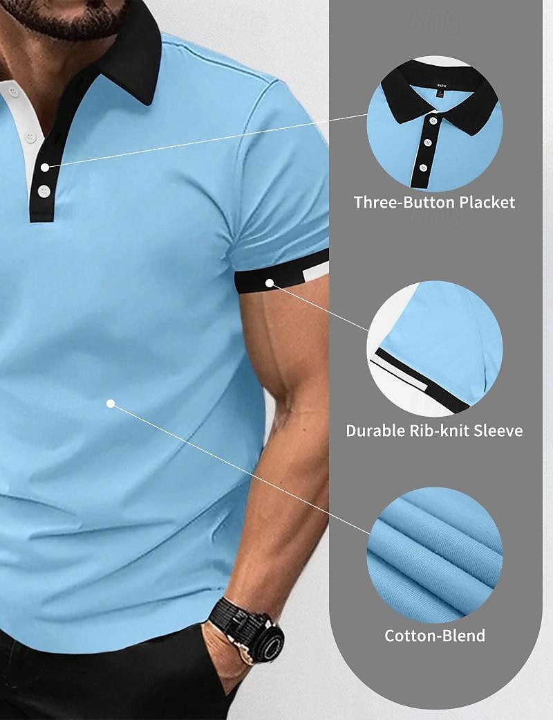 Herren Polos mit Knöpfen Golfhemd Casual Festtage Gerippter Polokragen Kurzarm Modisch Basic Feste Farbe Patchwork Sommer Regular Fit Schwarz Weiß Rote Blau Braun Grün Polos mit Knöpfen 2025 - $21.99 –P2