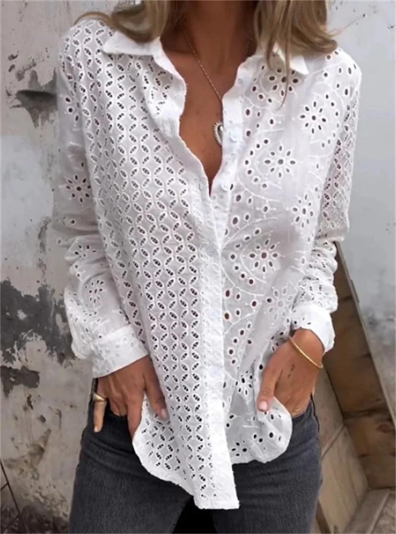 Women's White Elegant Lace Tops Eyelet Blouse Plain Button Cut Out Street Daily Fashion Shirt Collar Regular Fit Romantic Petite Tops Summer Holiday Wear Black White Red 2025 - $39.99 –P1
