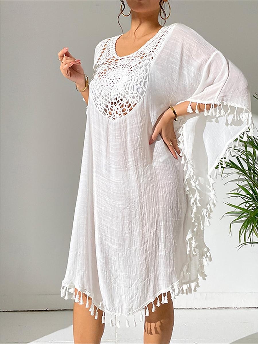 Damen Minikleid Weißes Kleid Spitzenkleid Hemdblusenkleid Sommerkleid Streetwear Basic Lässig Urlaub Straße Ferien Normale Passform Dreiviertelarm Rundhalsausschnitt Schwarz Weiß Blau Orange Sommer 2025 - $41.99 –P3