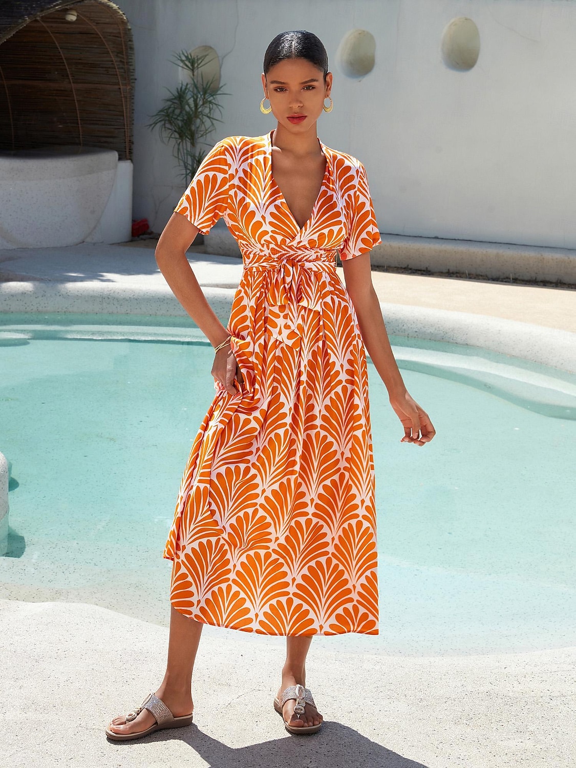 Damen Midi-Kleid Maxikleid Orange Kurzarm Geometrisch Mit Gürtel Frühling & Sommer V Ausschnitt Musterkleid S M L 2025 - $16.69 –P7
