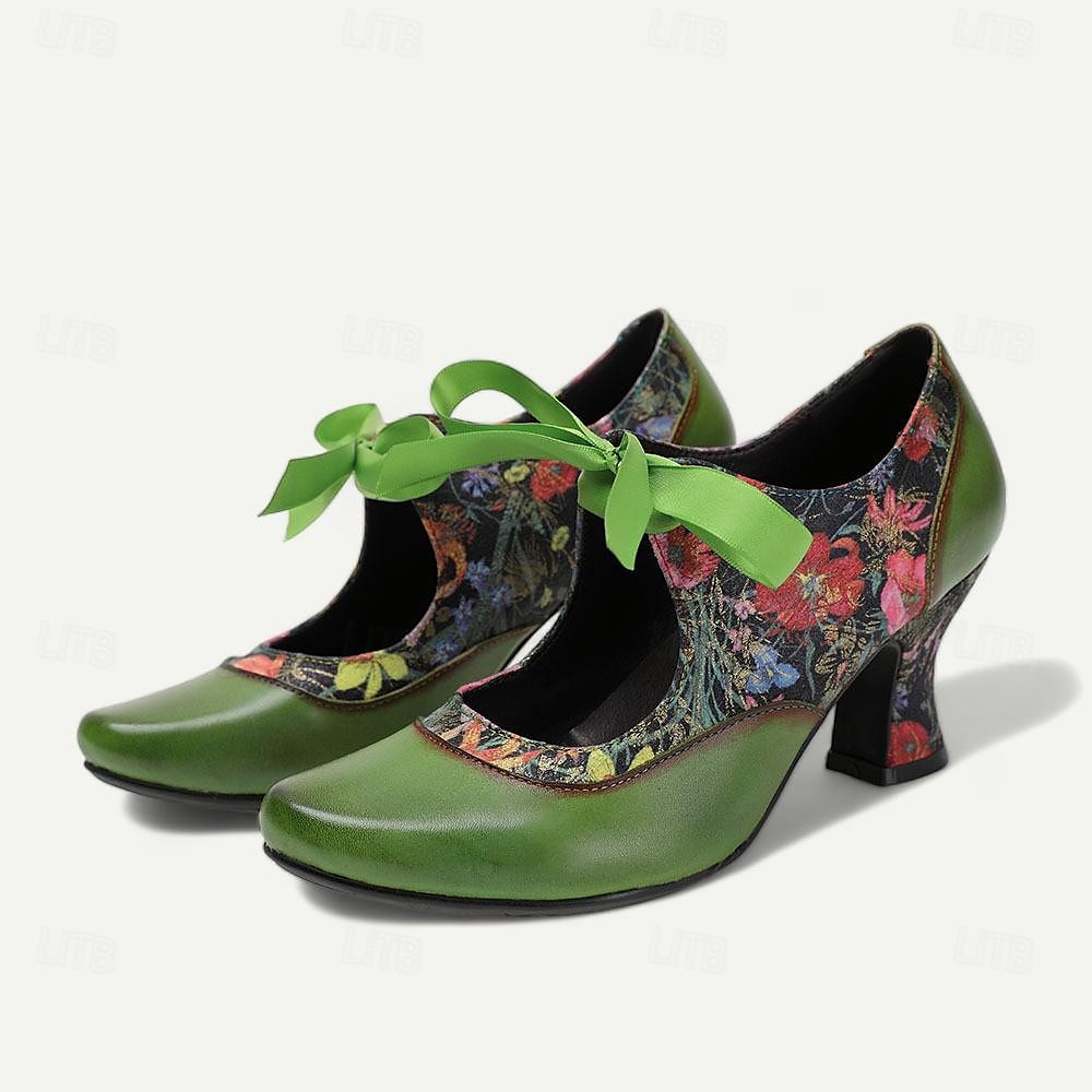 Women's Green Leather Mary Jane Heels with Floral Print, Ribbon Ties, and Retro Style - Perfect for Vintage-Themed Events and Daily Elegance 2026 - $84.99 –P8