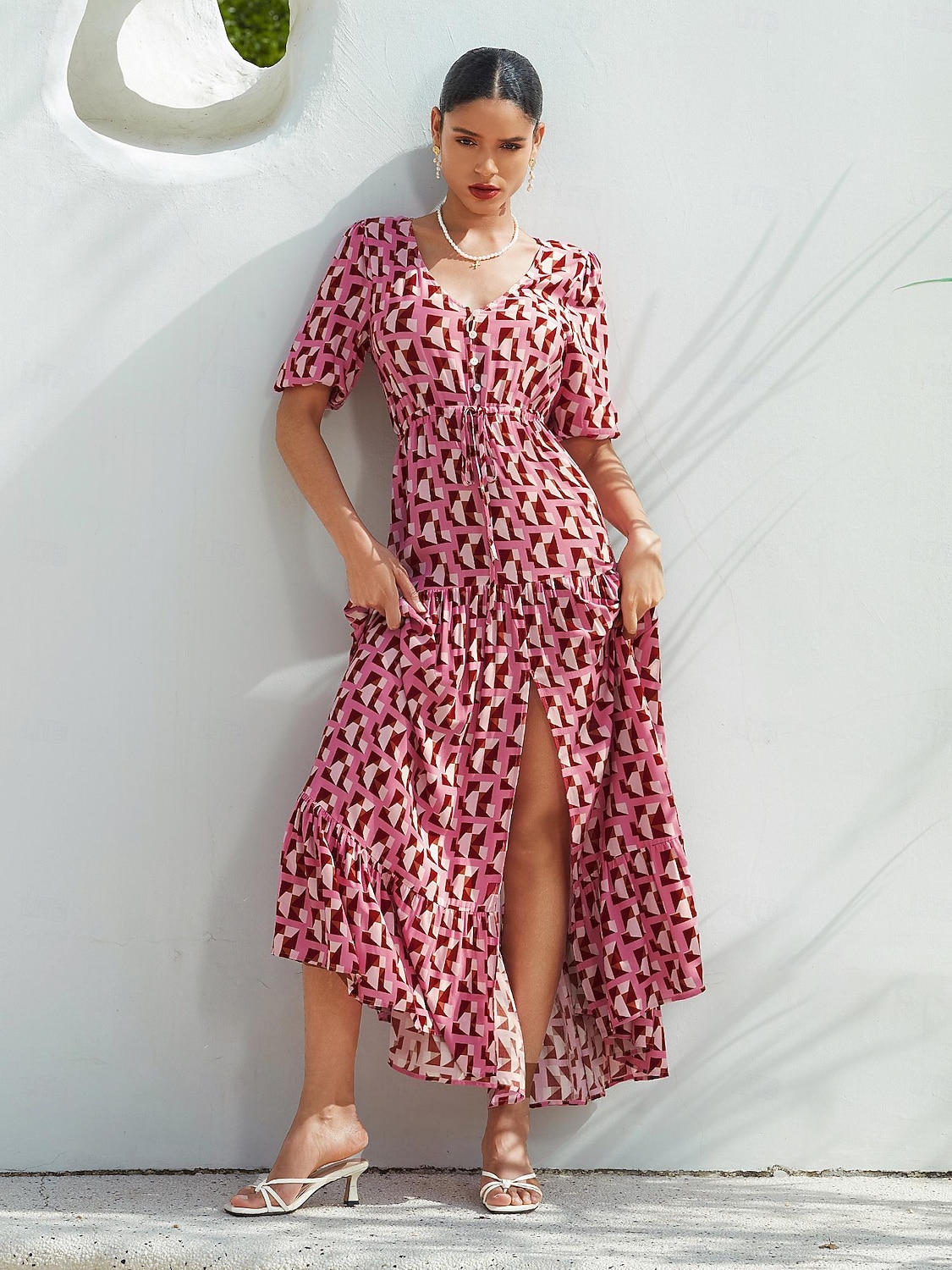 Mulheres Roupas de resort Vestido Longo Vestido Maxi Rosa Manga Curta Geométrico Com Cordão Primavera Verão Decote V férias na praia S M L de 2025 por $124.99 –P4