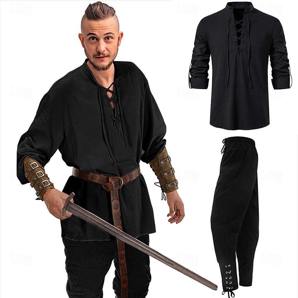 Retro Vintage Medieval Renaissance Blouse / Shirt Cosplay Costume Outfits Ren Faire Pirate Viking Crusader Men's Viking Fantasy Halloween Carnival Masquerade Casual Daily LARP Ren Faire Adults Shirt 2025 - $43.99 –P2