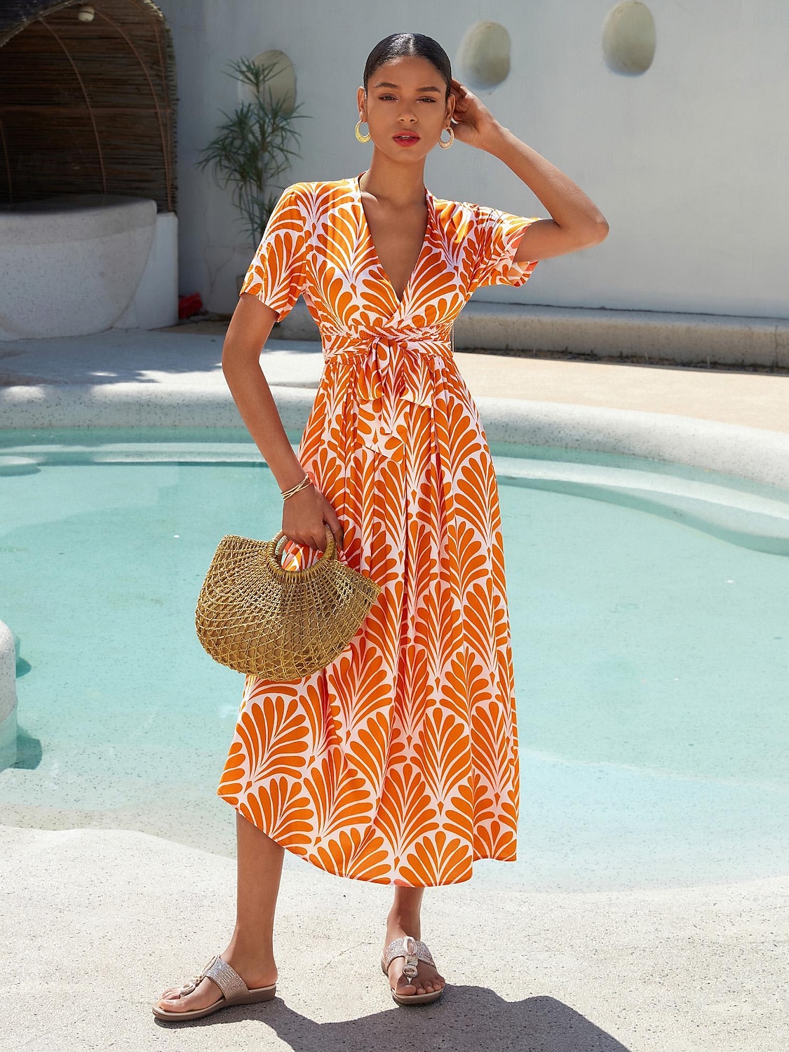 Damen Midi-Kleid Maxikleid Orange Kurzarm Geometrisch Mit Gürtel Frühling & Sommer V Ausschnitt Musterkleid S M L 2025 - $16.69 –P1