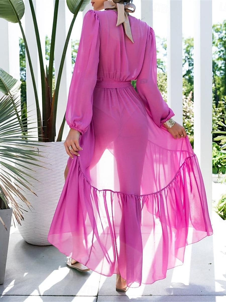 Damen Weißes Kleid Maxidress Chiffon mit Schnürung Gespleisst Verabredung Urlaub Brautkleider schlicht V Ausschnitt Langarm Schwarz Weiß Blau Farbe 2025 - $46.99 –P2