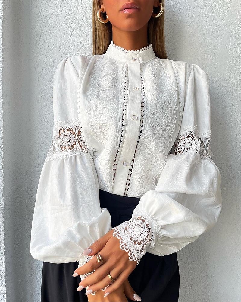 Overhemd Blouse Dames Wit Effen Kant nappi Straat Dagelijks Modieus Normale pasvorm Lantaarn mouw S 2025 - $52.99 –P2