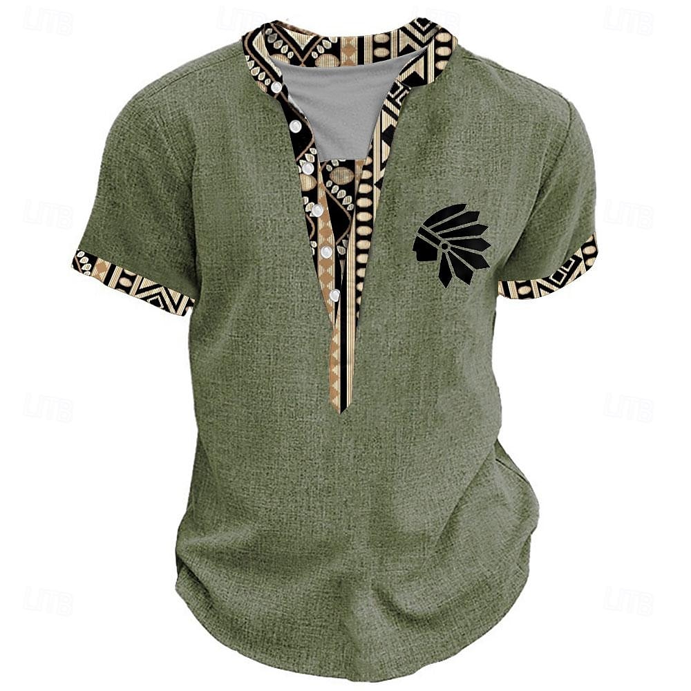 Miesten Tribaali Bandana Print T-paita Henley-paita Lyhythihainen 3D-tulostus Suunnittelija Etninen Loma Kausaliteetti Päivittäin Kesä Kevät Keltainen Apila Khaki Henley Henley T-paita 2025 - $22.99 –P4