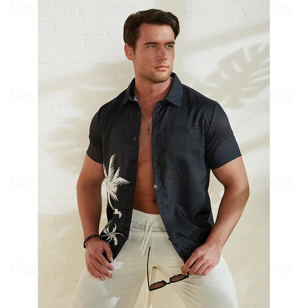 בגדי ריקוד גברים עץ קוקוס צמחים טרופיים חולצה חולצת הוואי חולצת אלוהה שרוולים קצרים חולצה עומד יום יומי בָּחוּץ חופשה רחוב שחור S M L 2025 - $22.99 –P6