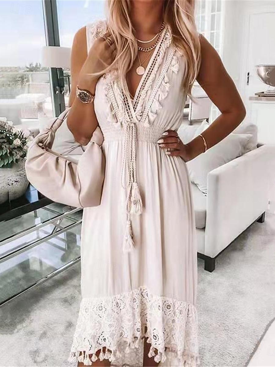 Femmes Robe Midi Robe en Dentelle Robe d'Été Robe bohème Robe Bohème Blanche Bohème Vacances Rue Fête Coupe régulière Sans manches Col en V Abricot Été de 2025 ? $51.99 –P1