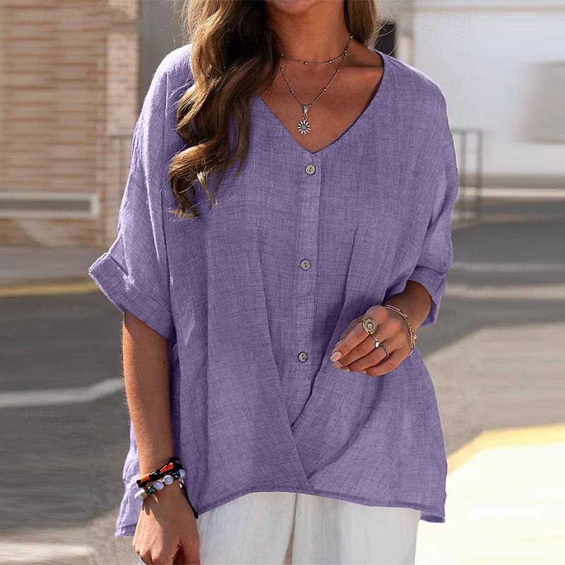 Femmes Chemise Chemisier Chemises en coton et lin Uni Occasionnel Manche Courte Col en V Hauts Réguliers Quotidien Boutons Rose Claire Bleu Violet Vert Kaki Été de 2025 ? $23.99 –P3