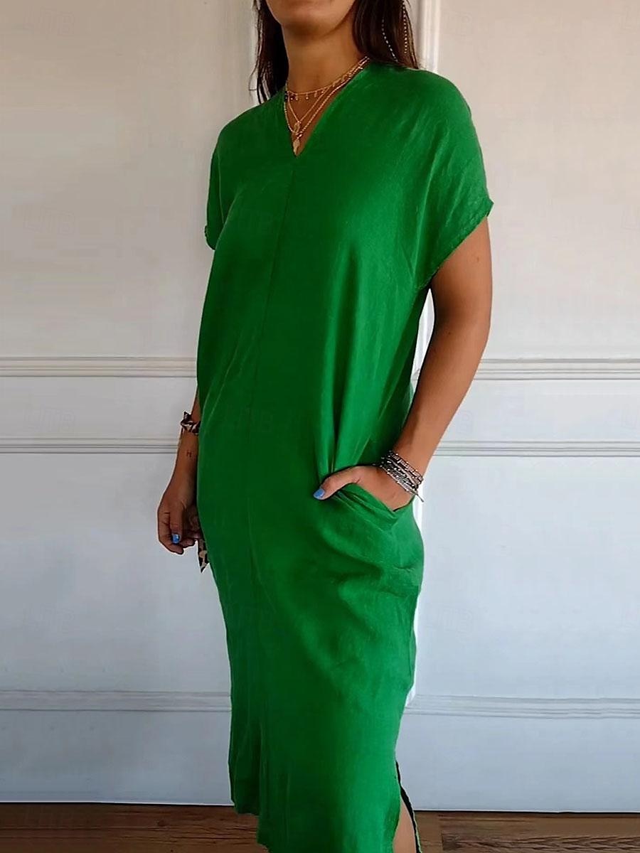 Femmes Noir Rouge Vert Été Printemps Robe Midi Robes inspirées du lin Robe Décontractée Basique Moderne Occasionnel Quotidien Week-end Coupe Ample Uni Col en V de 2025 ? $22.99 –P4