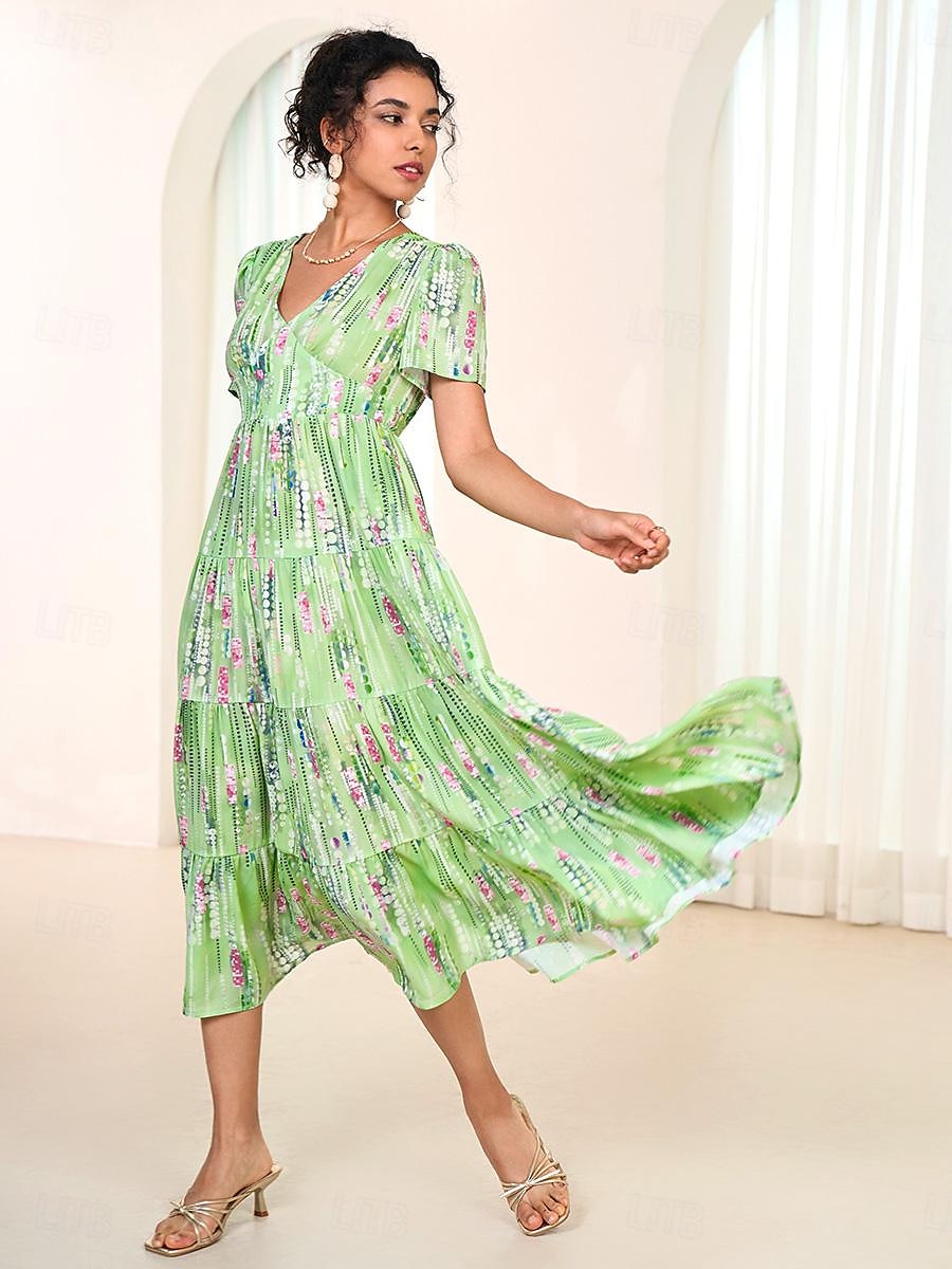 Damen abstrakt gerafftes Plissee V-Ausschnitt Maxikleid Party Kurzarm Sommer 2025 - $52.99 –P2