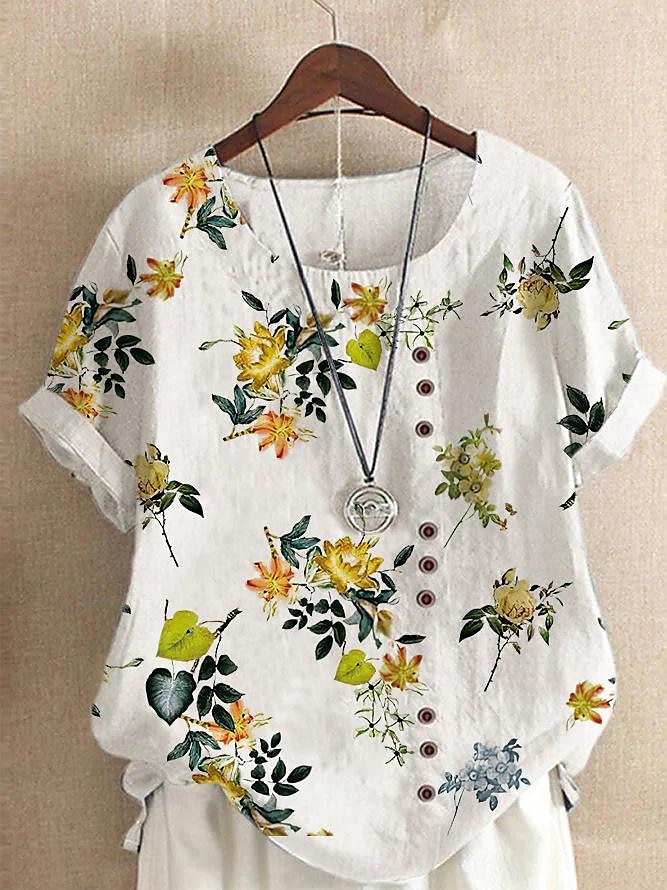 Femmes Chemise Chemises inspirées du lin Chemisier Fleuri Occasionnel Manche Courte Col ras du cou Hauts Réguliers Vacances Quotidien Imprimé Jaune Vert Claire Bleu Roi Bleu Violet Été de 2025 ? $22.99 –P6