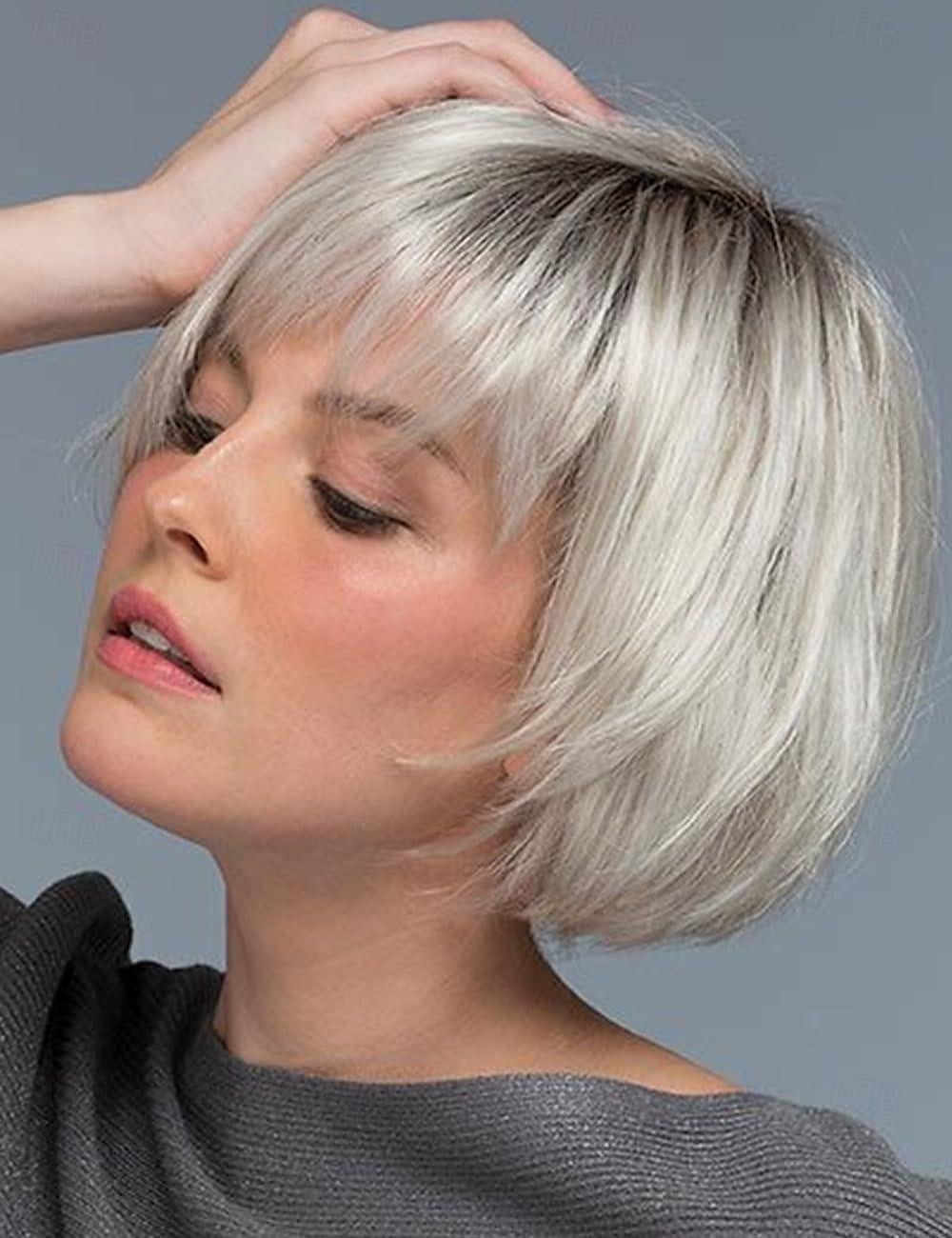 Kurze Ombre-Perücken mit weißblondem Bob für weiße Frauen mit Pony, kinnlang, gestuft, gemischtes Blond, süße, glatte Pixie-Bob-Perücke, synthetische, natürlich aussehende Perücke für jeden Tag und 2025 - $18.49 –P2