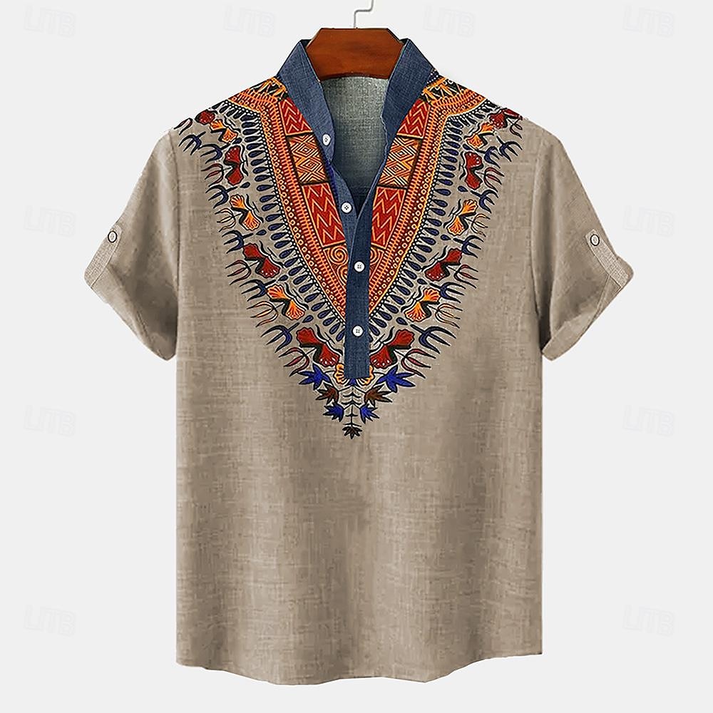 Men's Linen Shirt Henley Shirt Retro Shirts Vintage Shirt Ethnic Shirt Ethnic Vacation Daily Blue Green Khaki Short Sleeve Mandarin Collar Summer Spring Clothing Apparel Print 2025 - $27.99 –P2