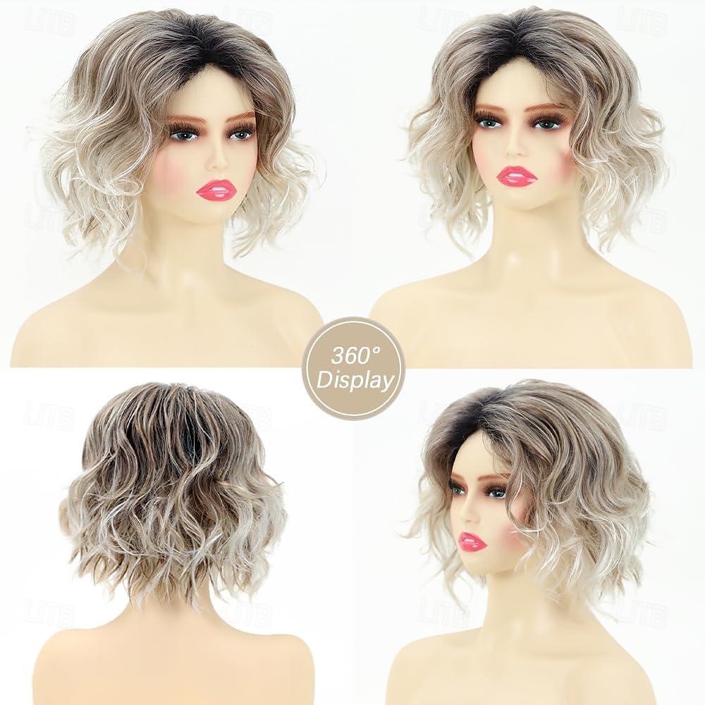 Perruques bob ondulées blondes cendrées pour femmes vague de plage courte perruque bob partie libre perruque synthétique bouclée naturelle pour un usage quotidien de fête de 2025 ? $18.49 –P4
