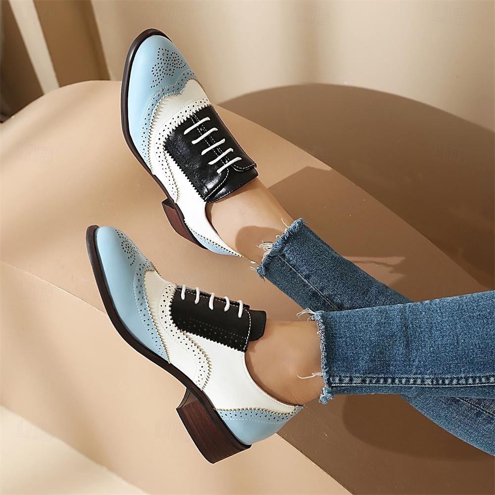 Damen Halbschuhe Retro Bullock Schuhe Täglich Farbblock Schnürsenkel Blockabsatz Runde Zehe Vintage Brautkleider schlicht Wanderschuhe PU Schnürsenkel Schwarzes Gold Schwarz / weiss Rosa 2025 - $59.99 –P13