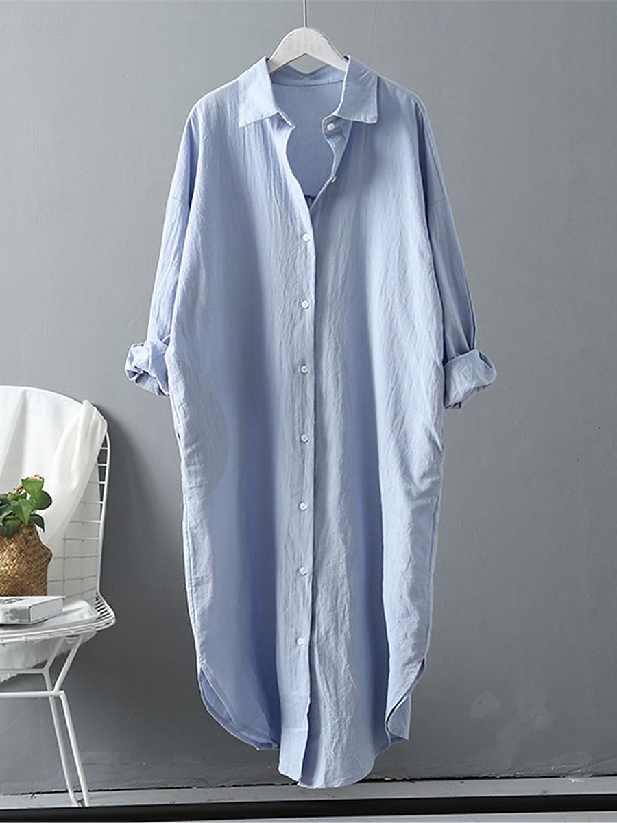 Women's White Dress Shirt Dress Cotton Linen Dress Midi Dress Office Vacation Linen Basic Casual Shirt Collar Button Long Sleeve Summer Spring Loose Fit Plain 2025 - $39.99 –P12