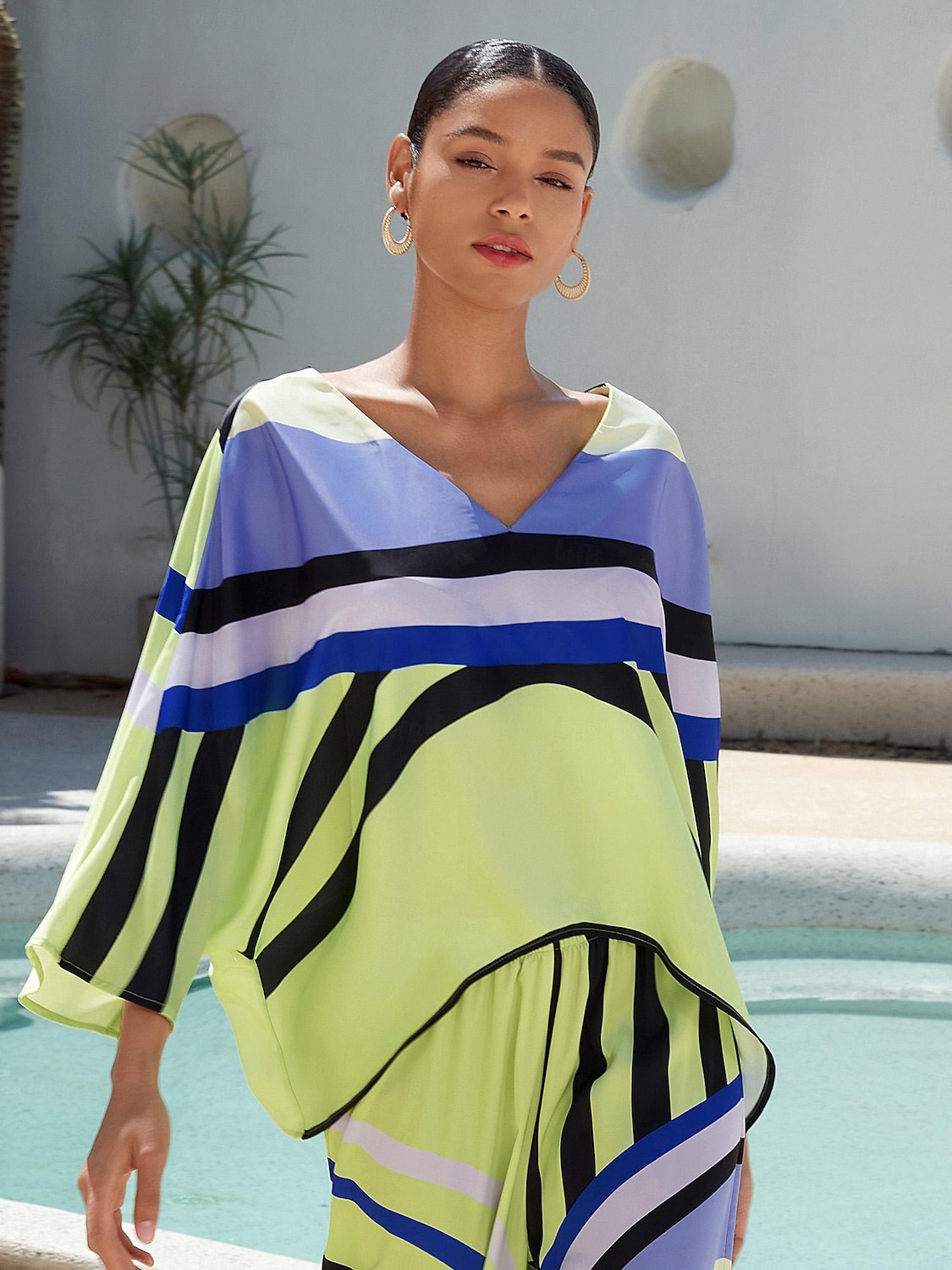 Satin V Neck Geometric Print Poncho Blouse 2025 - $61.99 –P8